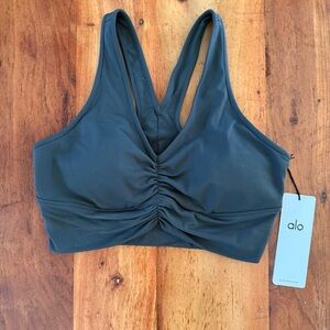 ALO Yoga Ruched V-Back Sports Bra in charcoal Green